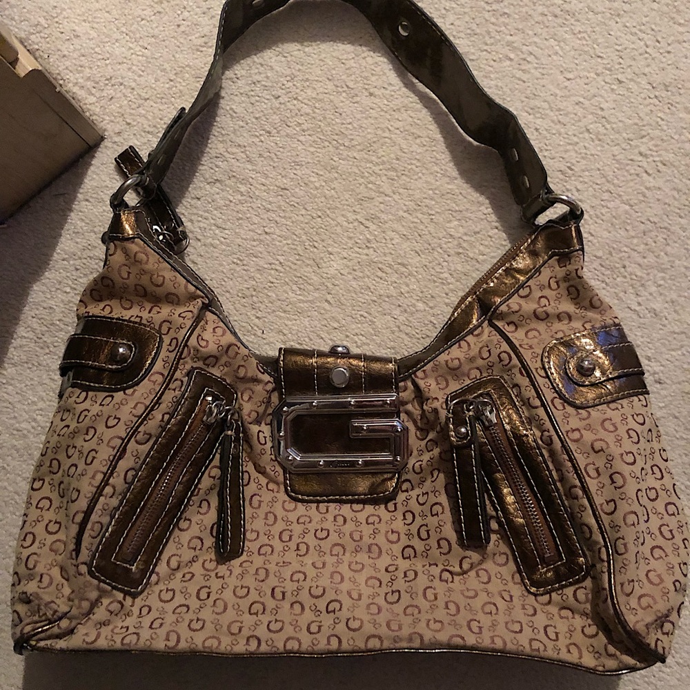 Guess brown shoulder bag with silver hardware